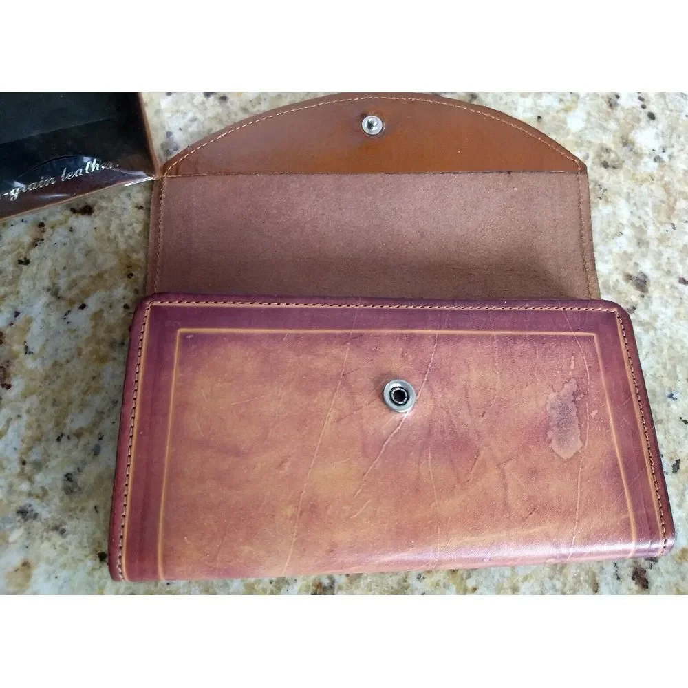 SWIB Top Grain Leather Check Book Wallet Clutch Rustic Snap Close USA Vintage‎